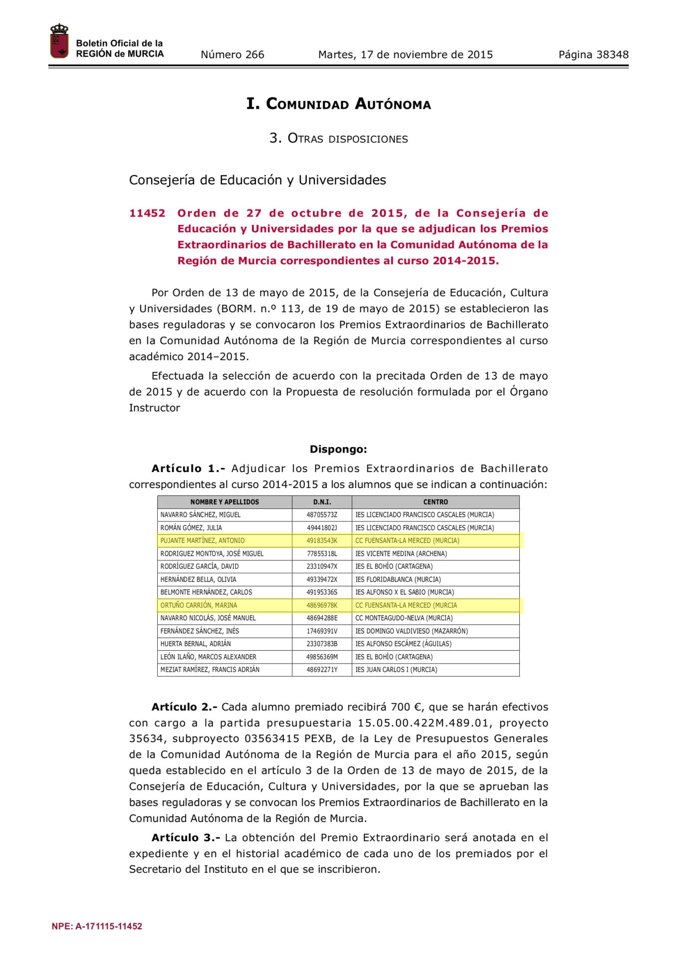 Premios extraordinarios de Bachillerato 2014-2015